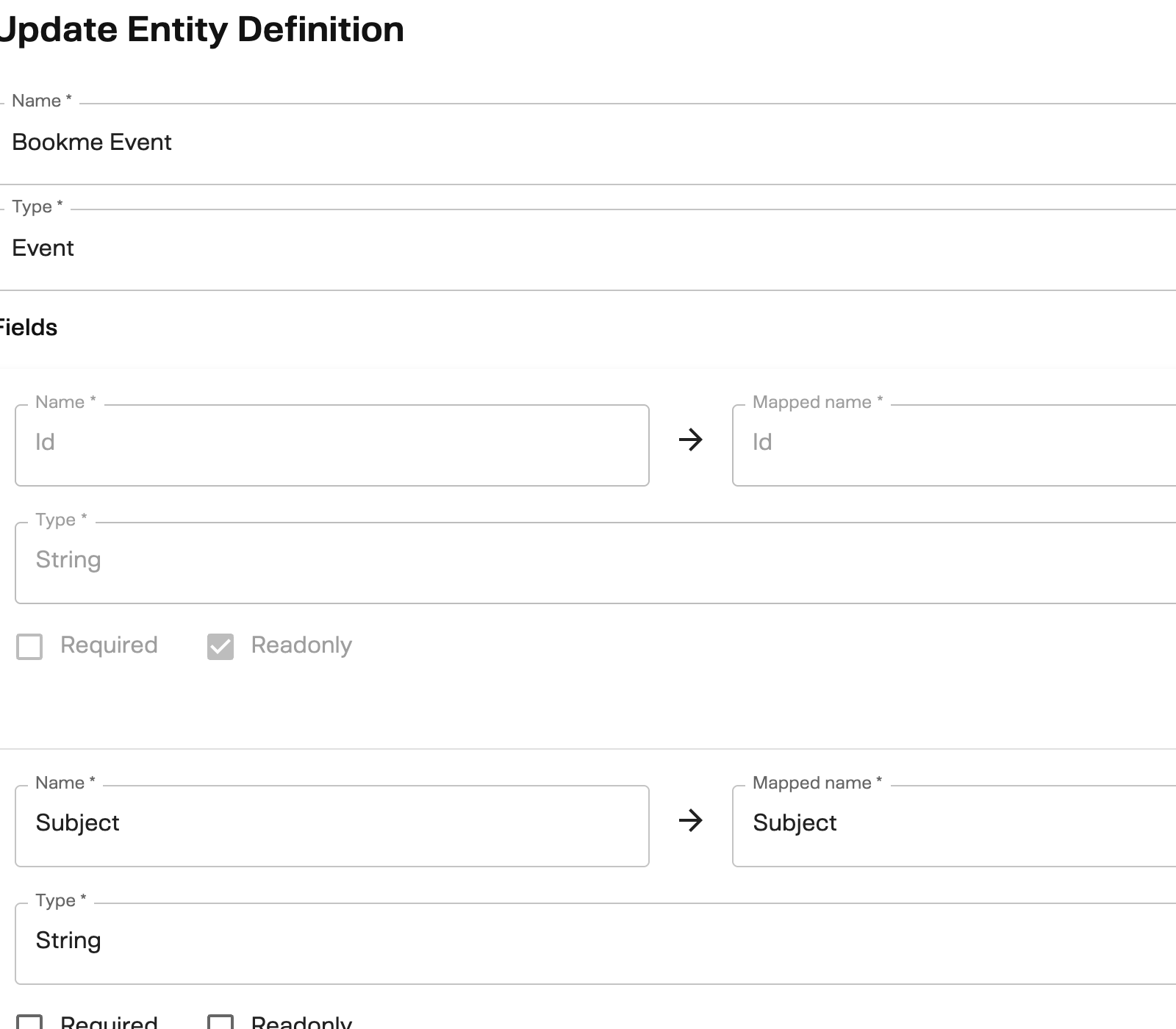 Entity definition edit form showing field mappings — each field has a Name, Mapped name, Type, and Required/Read-only flags
