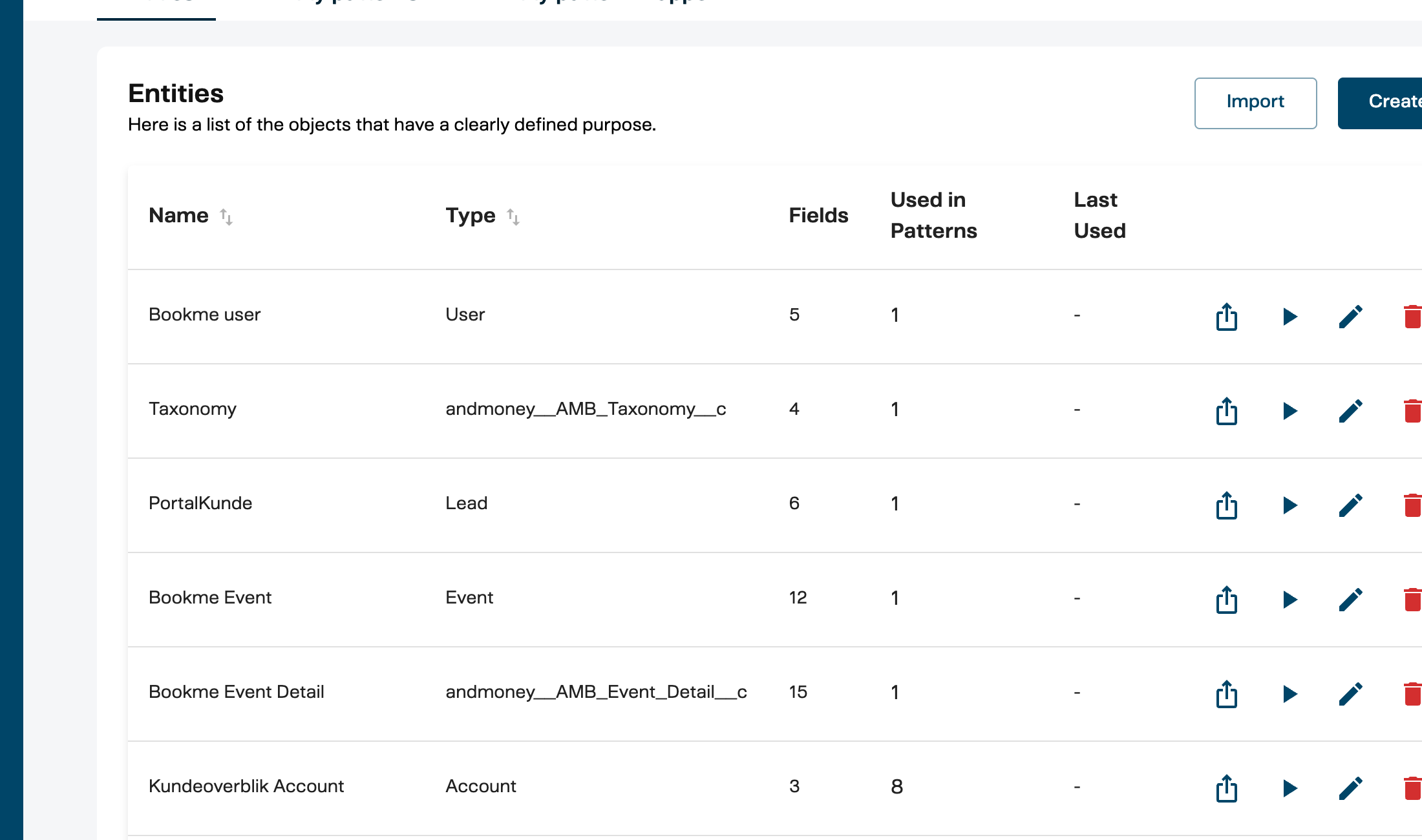 Entity definitions list showing configured CRM objects with their types, field counts, and pattern usage