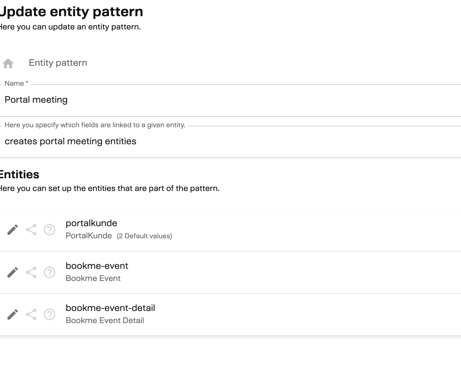 Entity pattern edit form showing the "Portal meeting" pattern with three entity parts