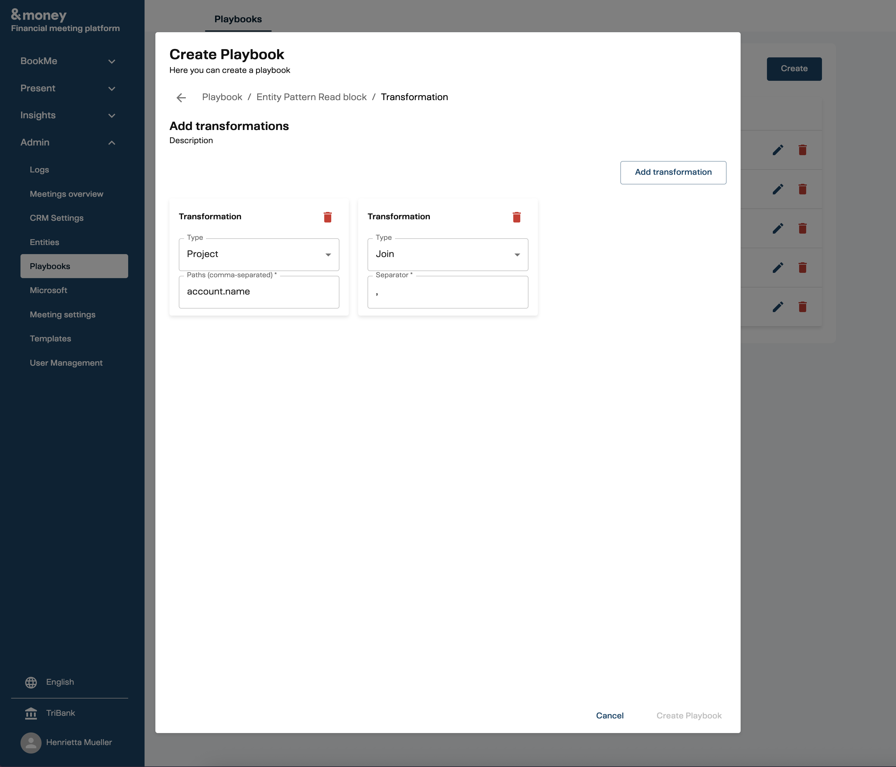 Playbook Transformations Modal