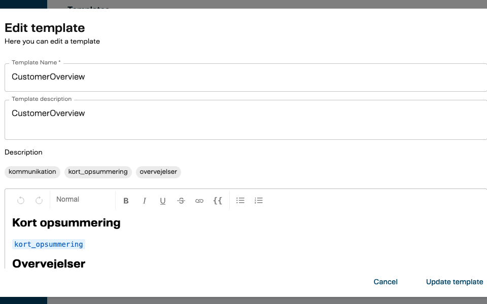 Template editor showing Name, Description, detected variable chips, and the rich text content editor with Liquid variable toolbar button